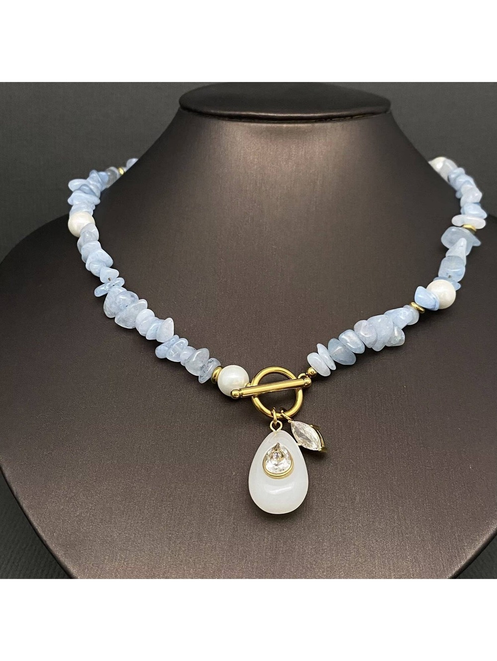 Blue Stone Chip Necklace with White Pendant and Toggle